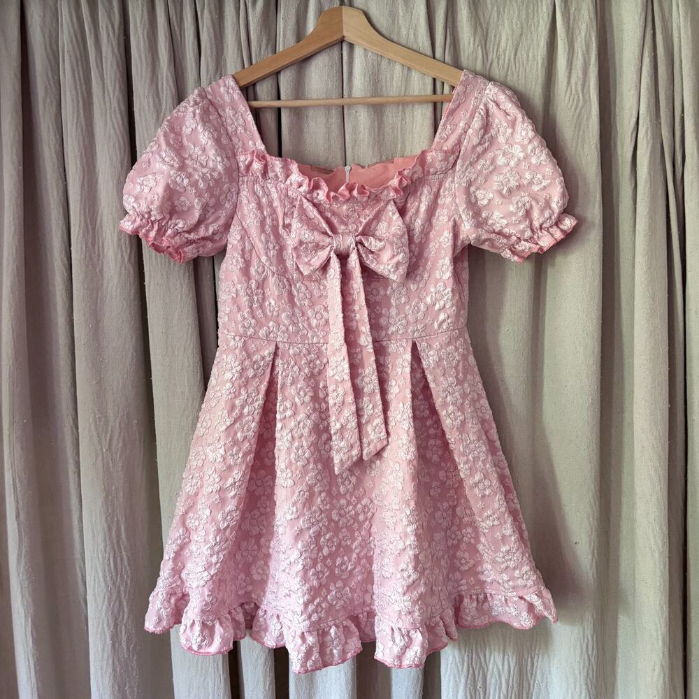 Pink Floral Jacquard Puff Sleeve Bow Mini Dress Coquette Medium Cosplay